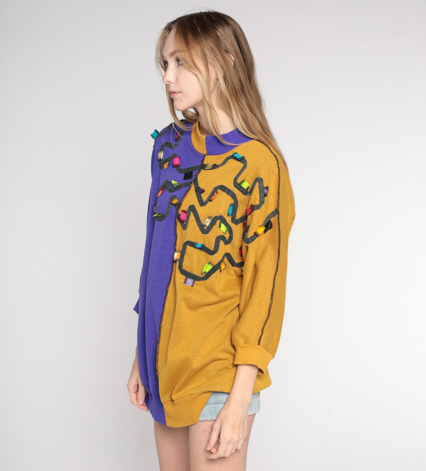 80s Color Block Sweatshirt Purple Mustard Crewneck Pullover Medium M