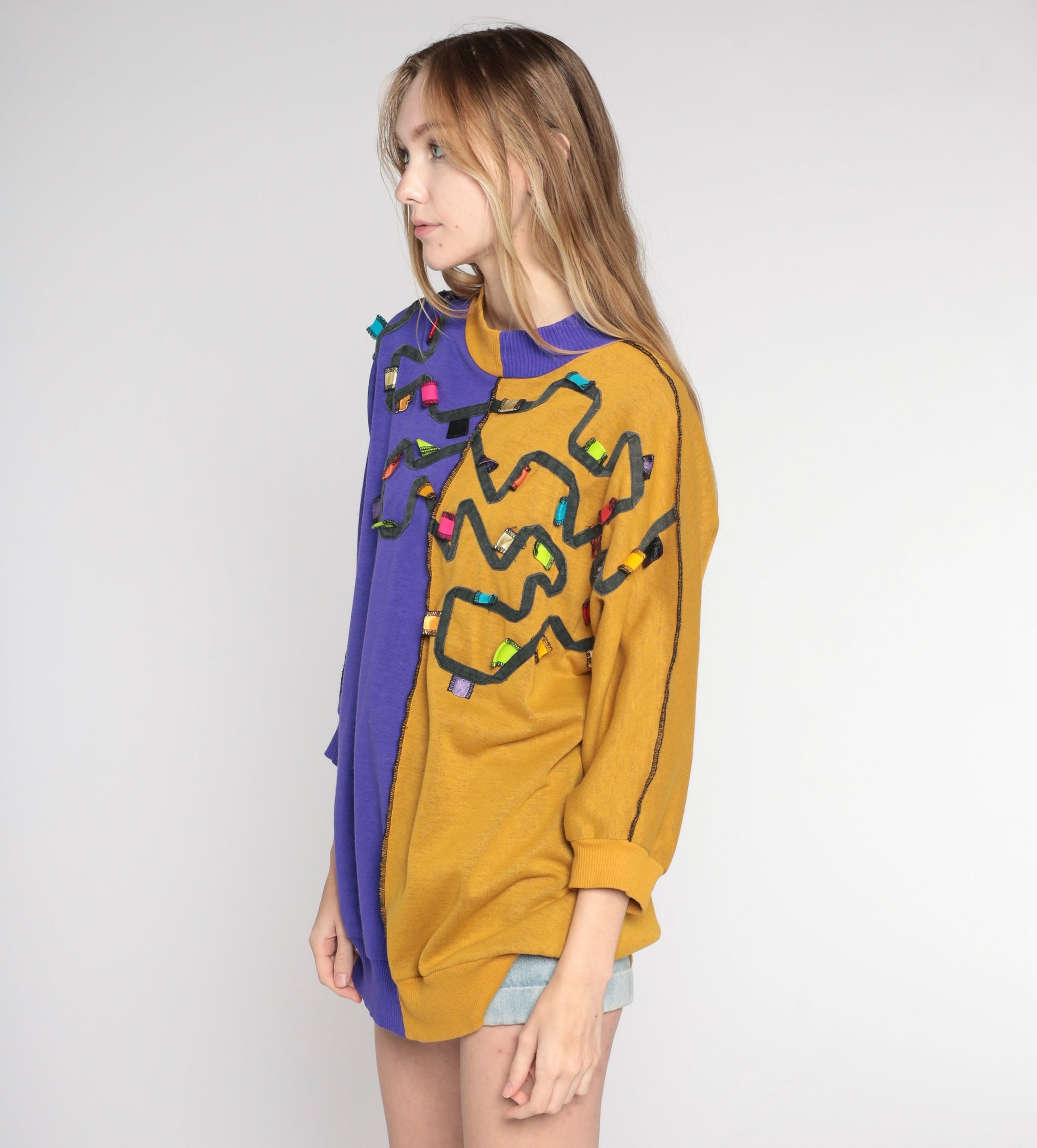80s Color Block Sweatshirt Purple Mustard Crewneck Pullover Medium M