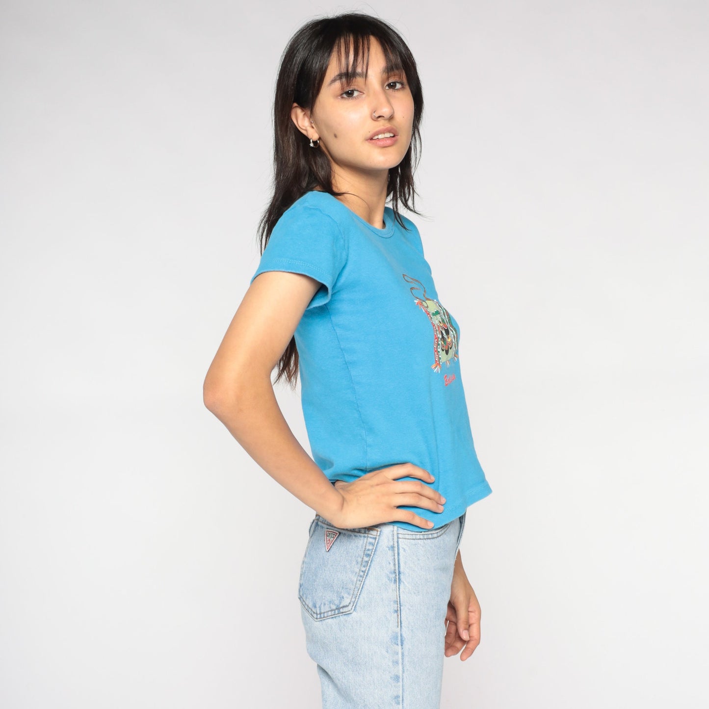 Y2K Bolivia Graphic Baby Tee Blue Bolivian Folk Art Small S