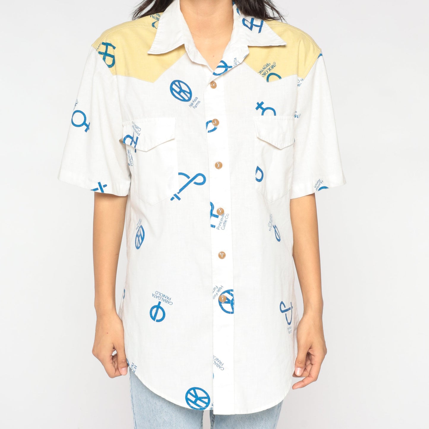 90s Reyn Spooner Cattle Brand Western Shirt White Yellow Yoke Medium