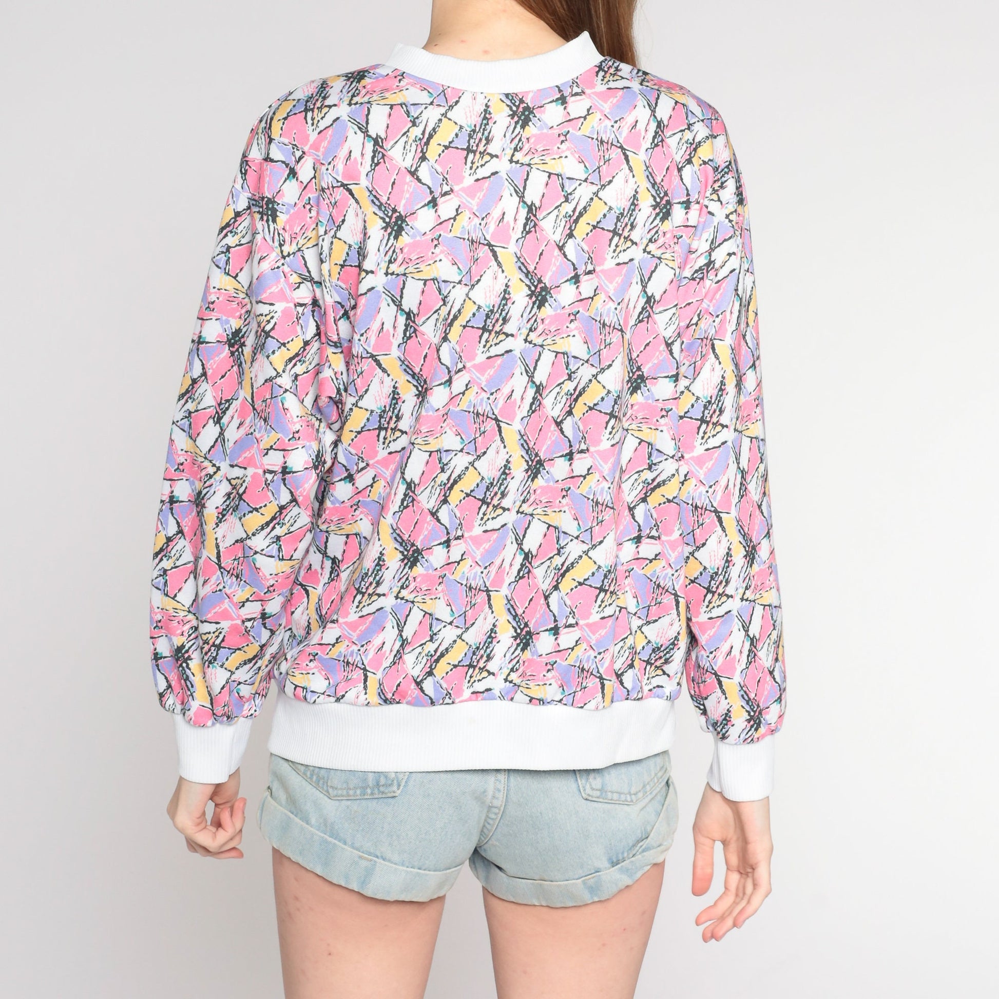 80s Abstract Print Crewneck Sweatshirt Multicolor Pullover Medium M