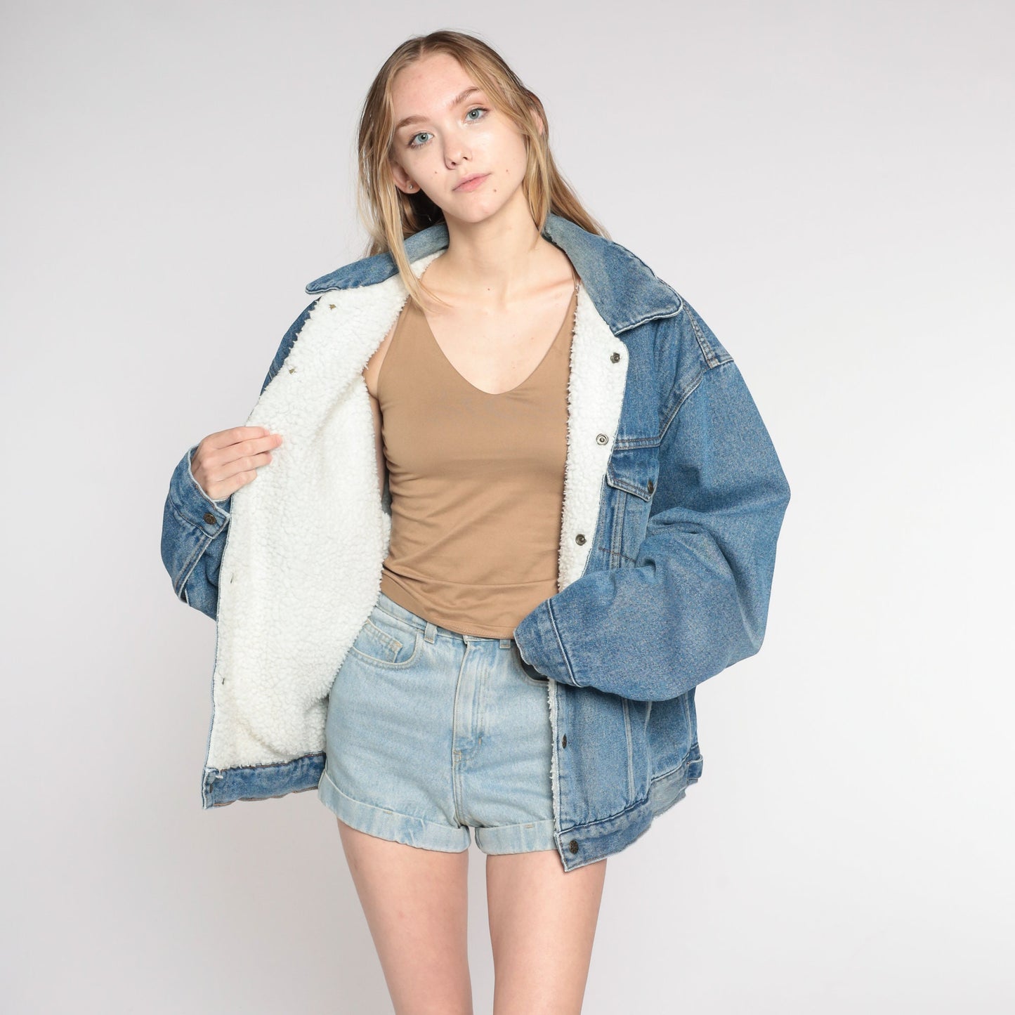 90s Blue Denim Shearling Jacket Faux Sherpa Lined Button Up Extra Large
