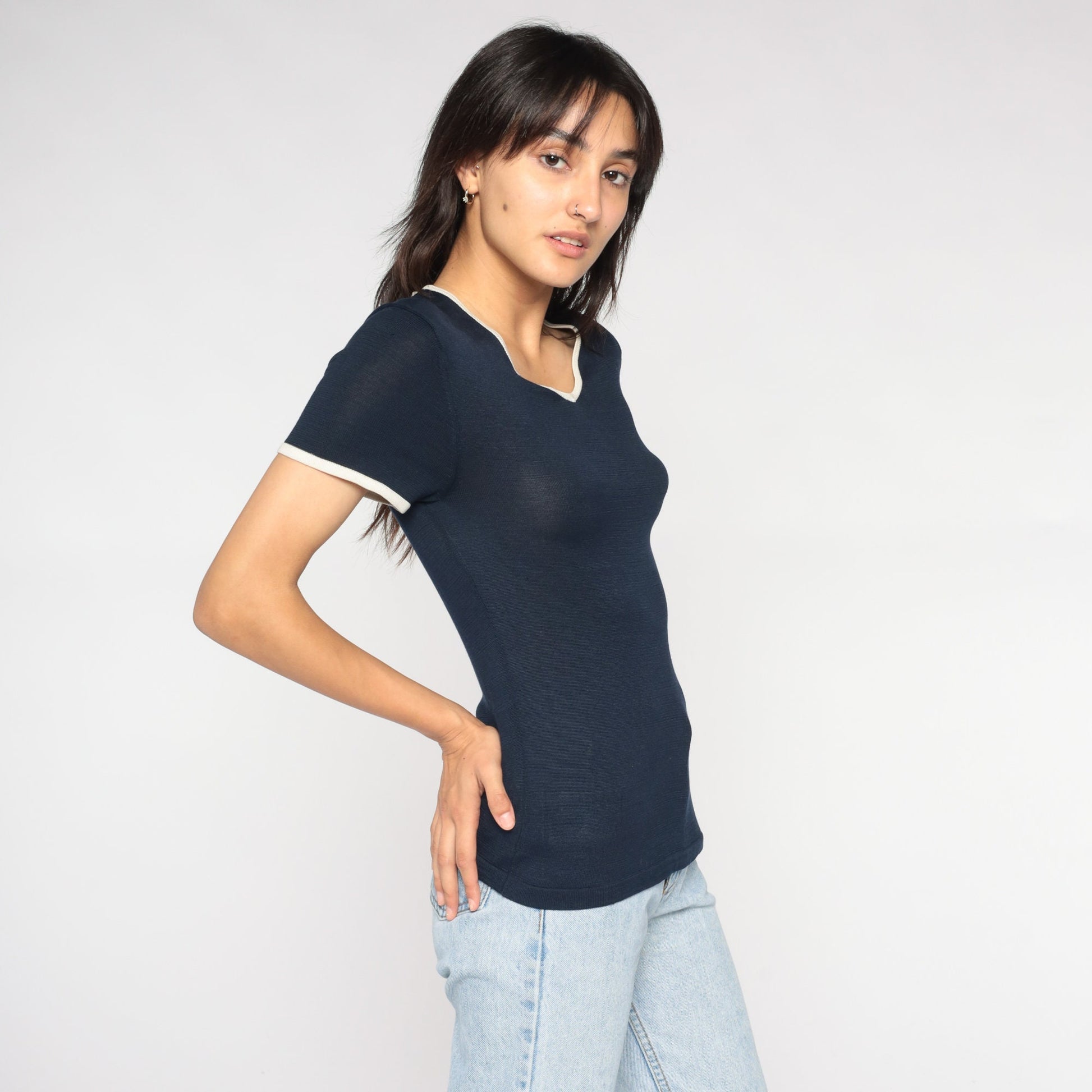 00s Navy Silk Knit Top Short Sleeve White Trim Small S