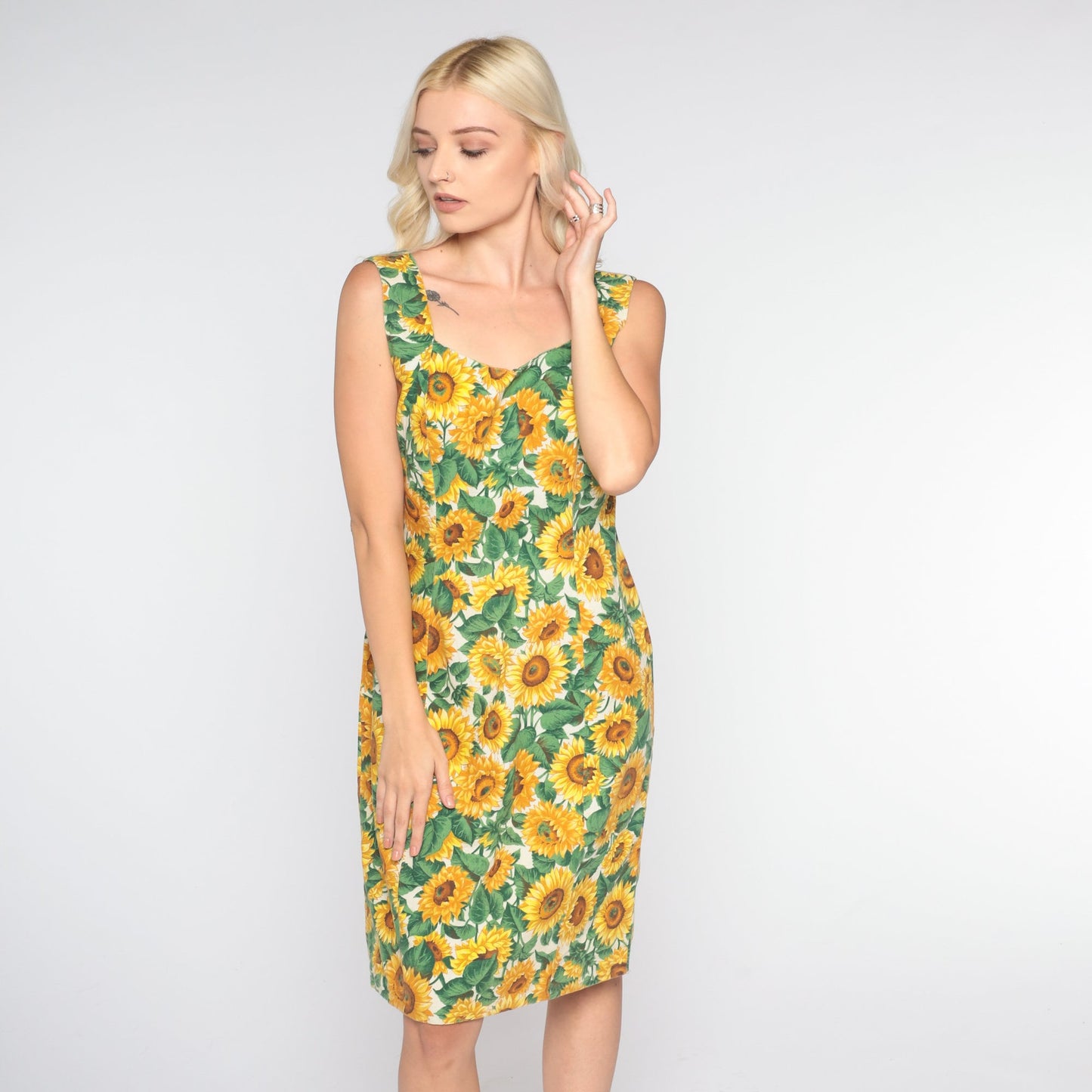 60s Sunflower Print Mini Dress Sleeveless Sheath Mod Small Medium
