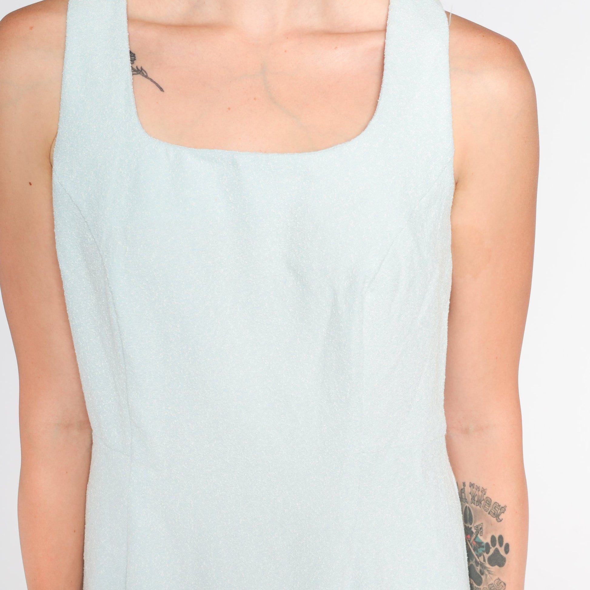 90s Light Blue Mini Sheath Dress Square Neckline Sleeveless Small S