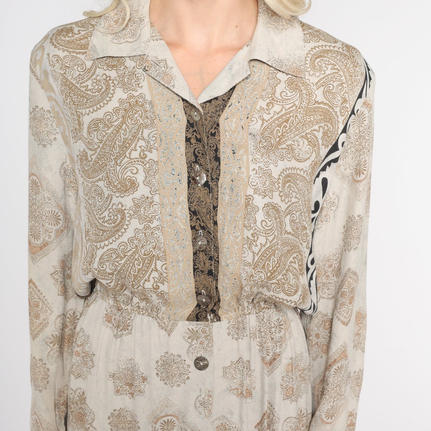 90s Carole Little Paisley Tile Print Dress Tan Collared Pencil Knee Length Small