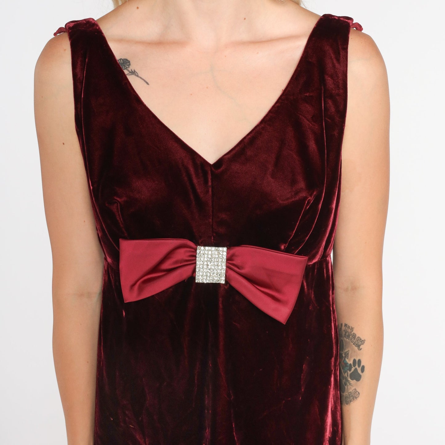 60s Red Velvet Mini Dress Rhinestone Bow V Neck Low Back Small