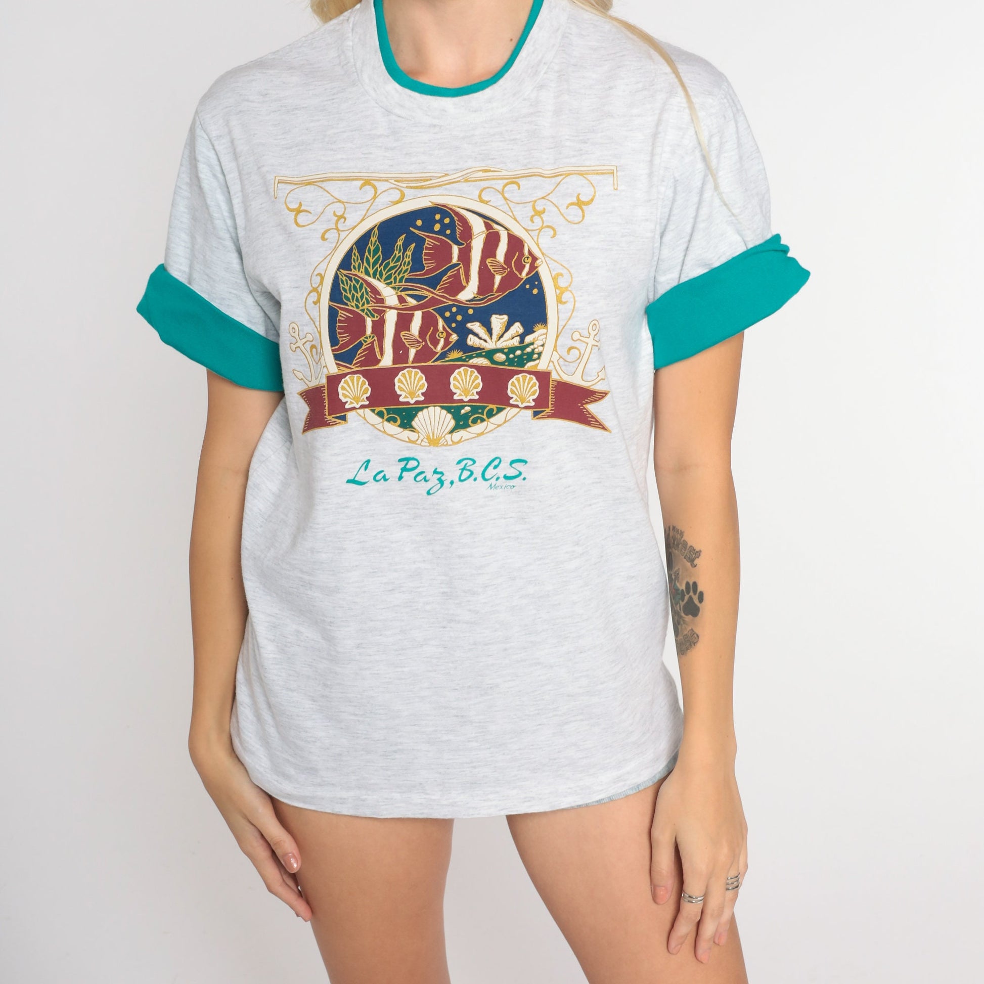 90s La Paz Baja California Tropical Fish Graphic Tee Grey Cuffed Sleeve Small