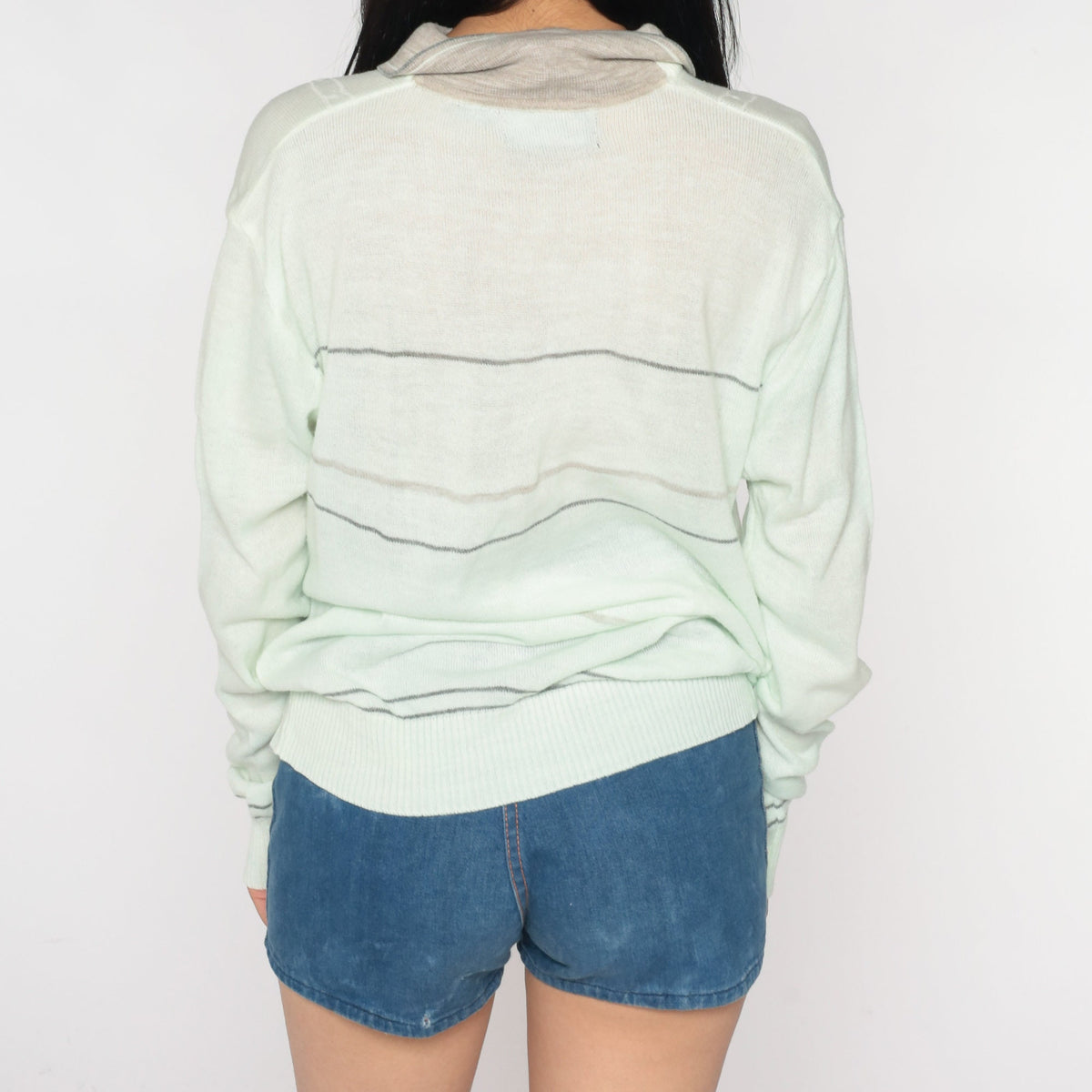 80s Light Green Cable Knit Collared Pullover Sweater Striped Grey Collar Large
