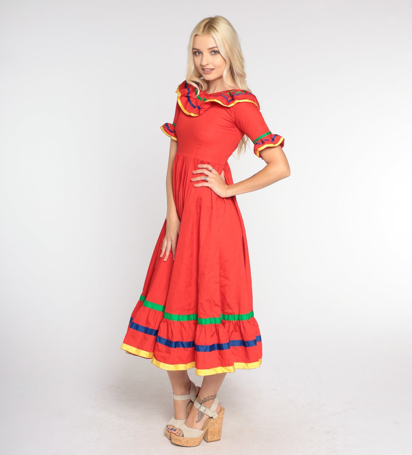 80s Red Prairie Midi Dress High Waisted Tiered Ruffled Short Sleeve Extra Small