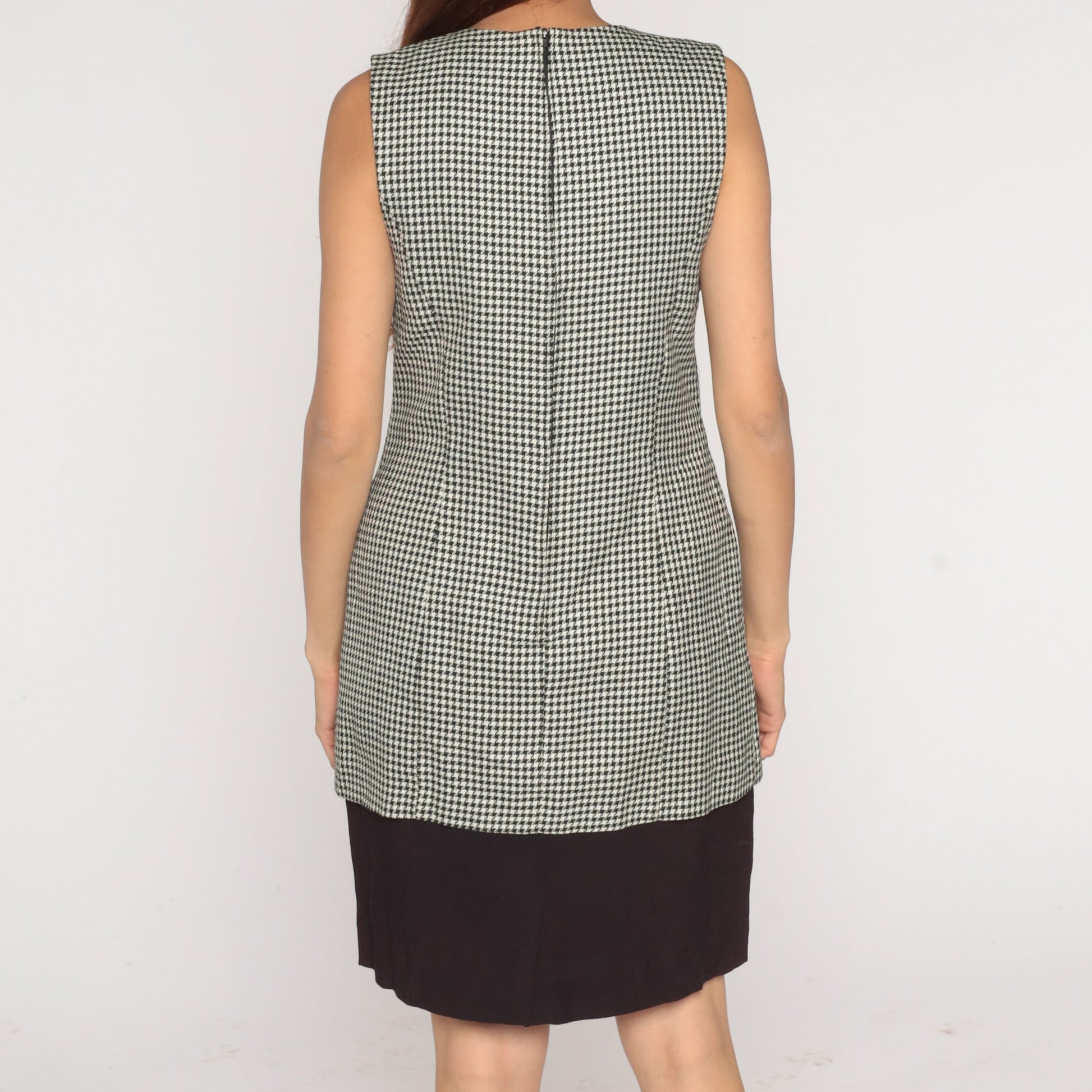90s Houndstooth Mini Dress with Attached Vest Black White Checkered Small S