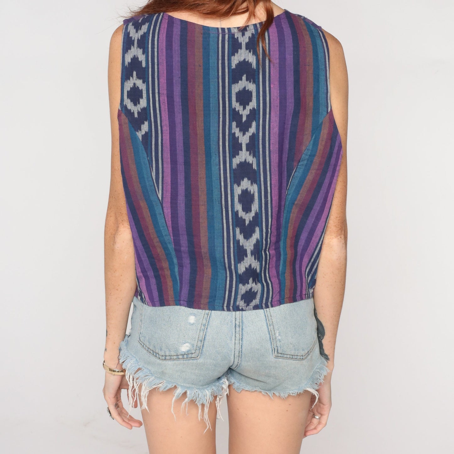 90s Blue Ikat Striped Button-Up Vest Cotton Sleeveless Top Medium