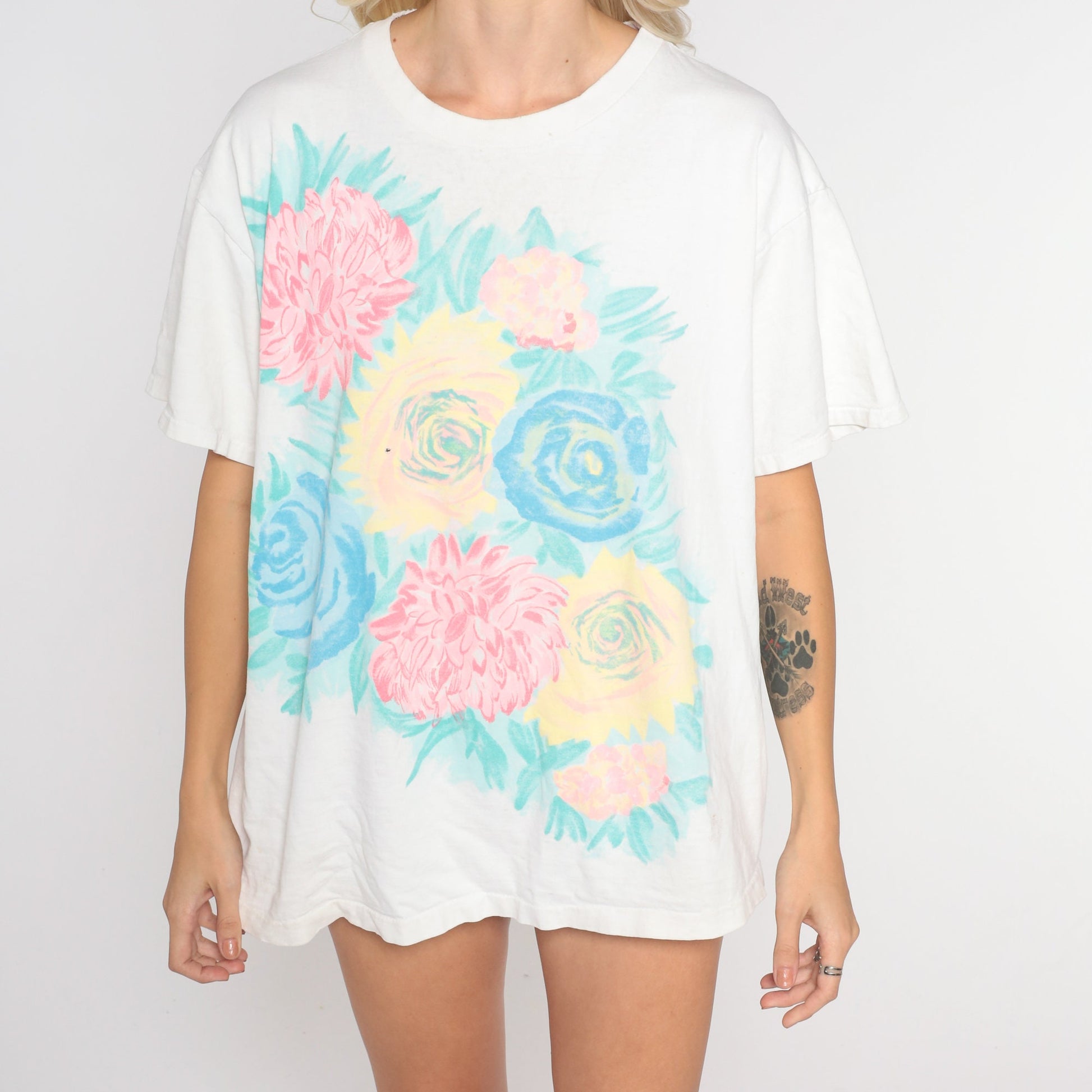 90s Floral Rose Dahlia Graphic T-Shirt White Cotton Single Stitch Extra Large XXL