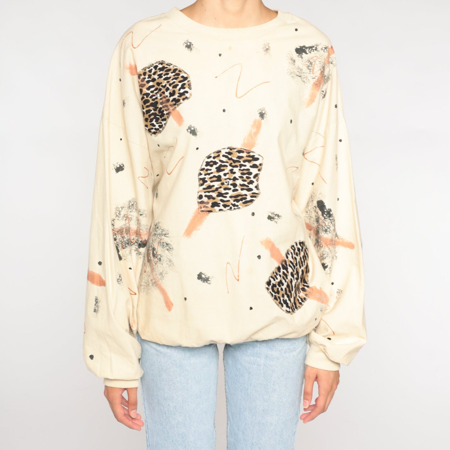 80s Animal Print Abstract Brushstroke Long Sleeve Shirt Cream Cotton Large