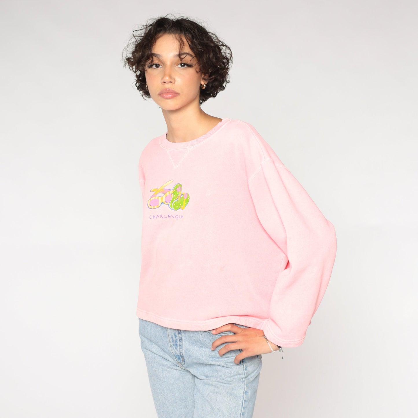90s Charlevoix Michigan Graphic Sweatshirt Hot Pink Crewneck Medium