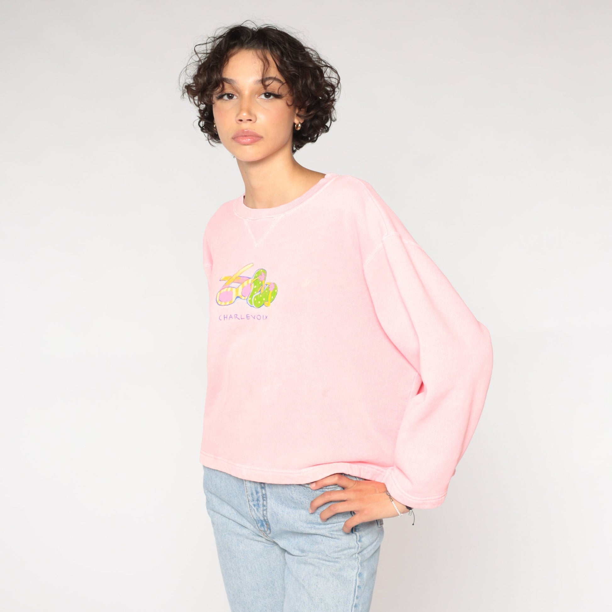 90s Charlevoix Michigan Graphic Sweatshirt Hot Pink Crewneck Medium