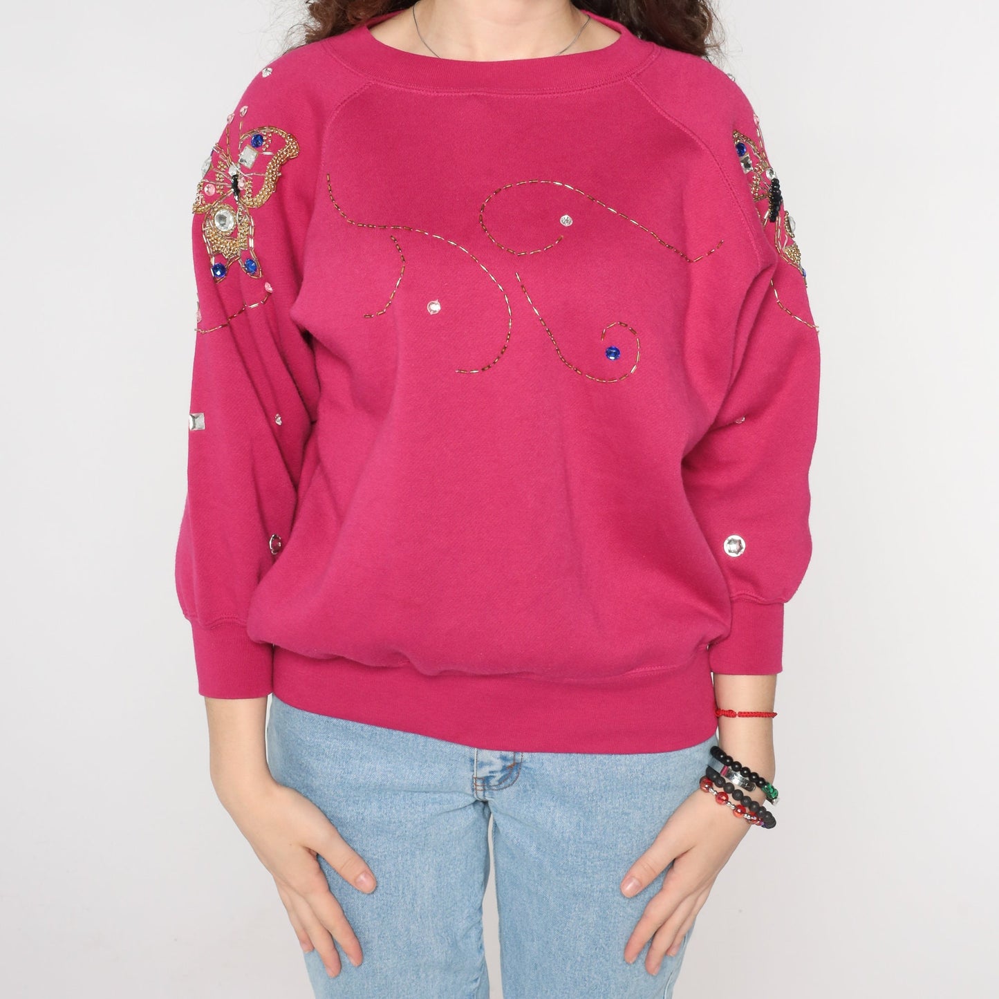90s Beaded Butterfly Sweatshirt Fuchsia Pink Raglan Gem Embellished Small