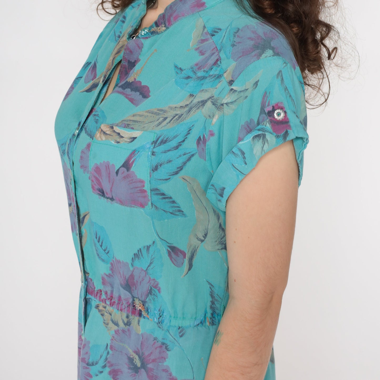 80s Floral Midi Shirtdress Blue Flower Print Button-Up High Waist Medium