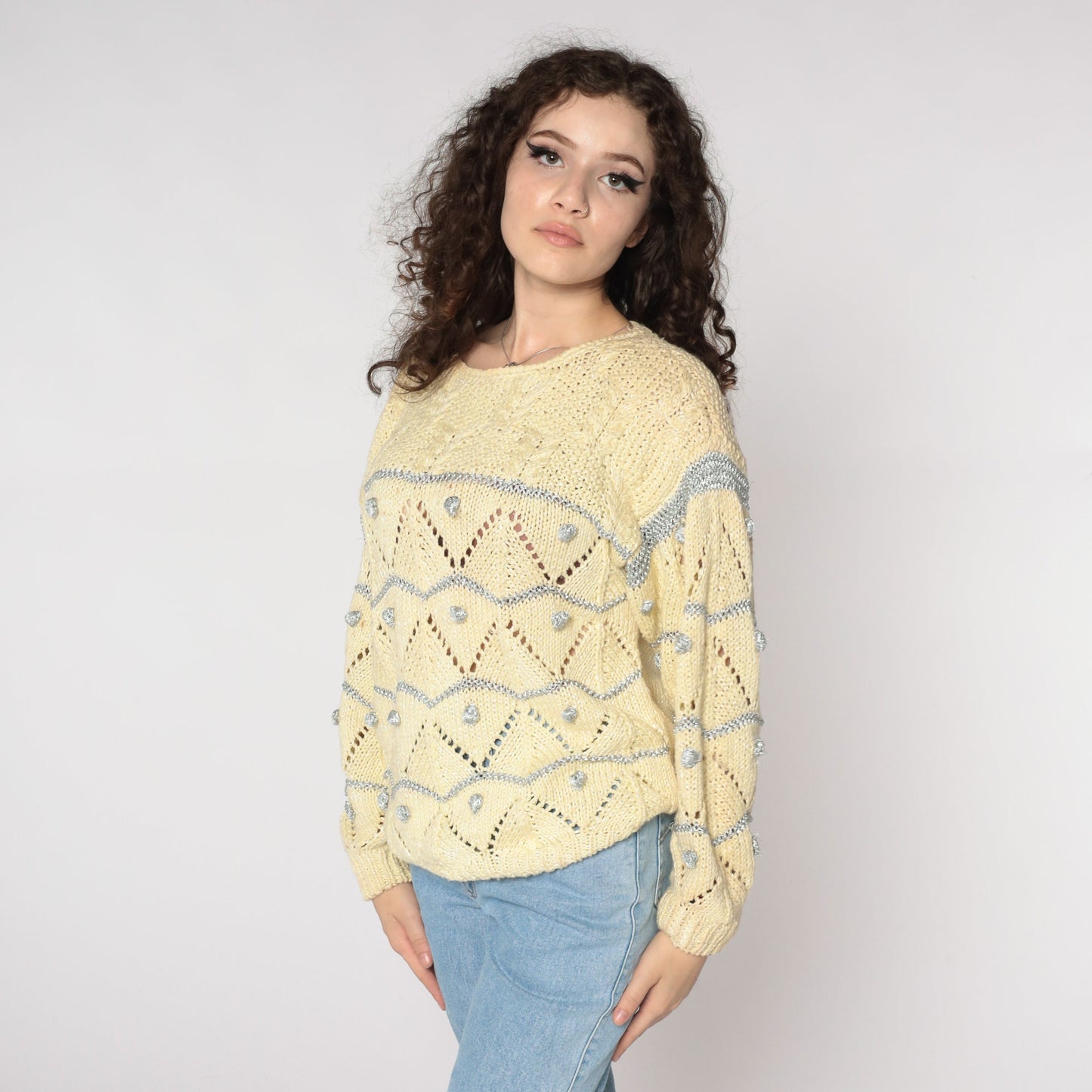 80s Metallic Cream Sweater Silver Sheer Pointelle Knit Cable Medium