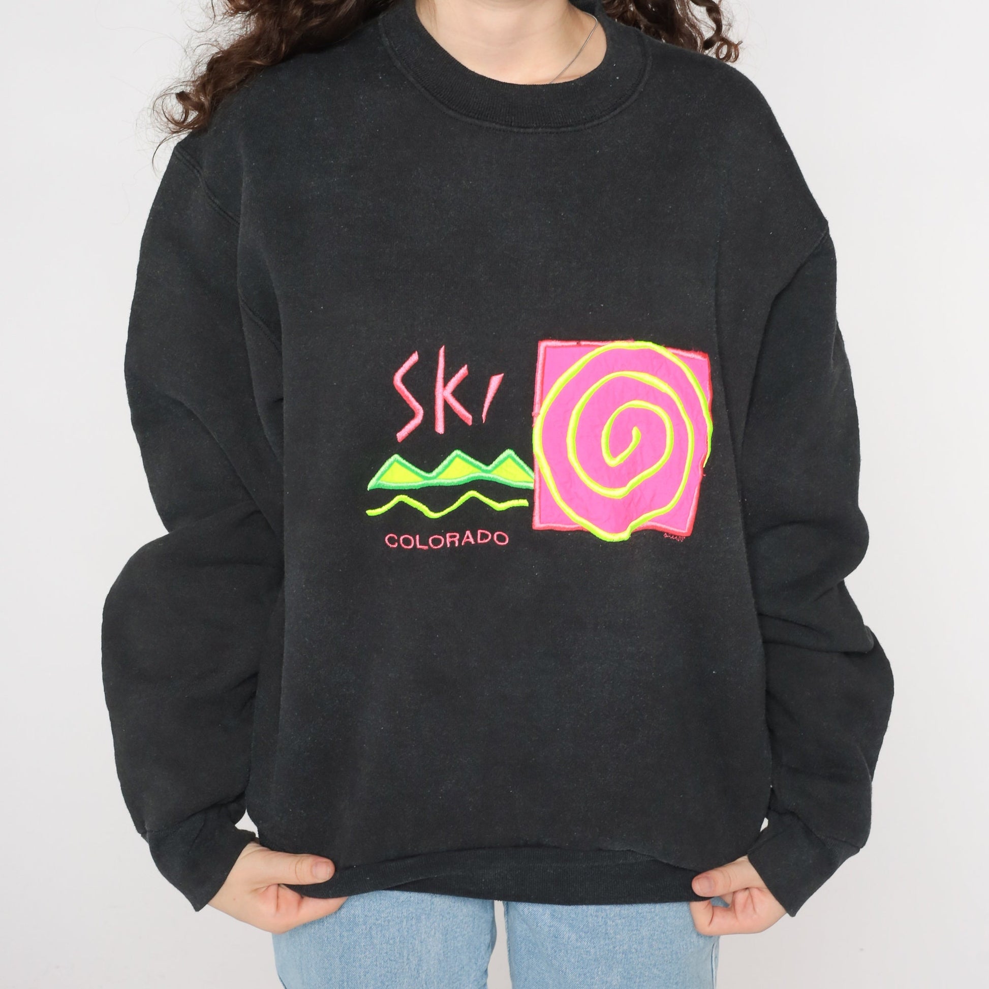 90s Ski Colorado Neon Graphic Sweatshirt Black Crewneck Medium