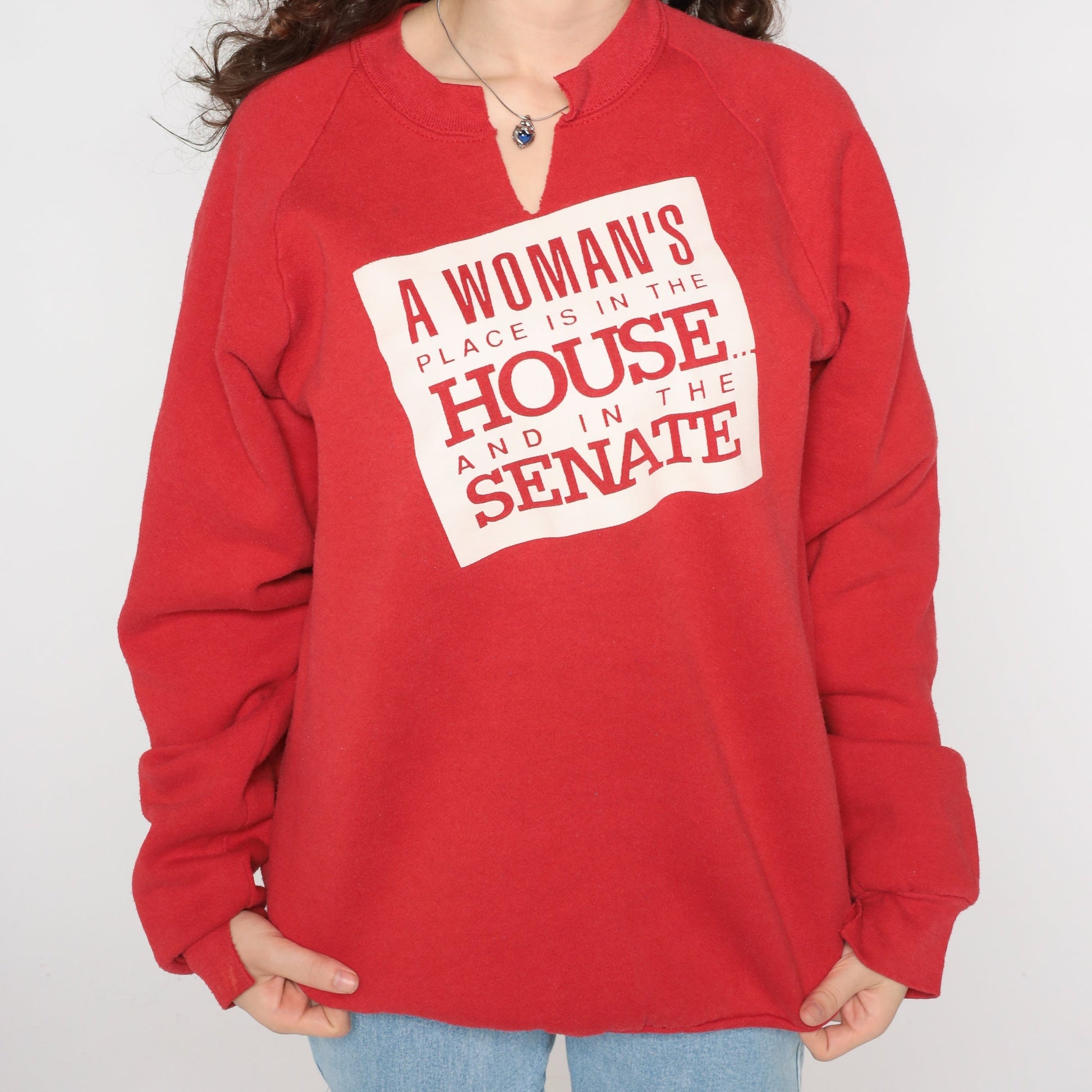 90s A Woman's Place Feminist Political Sweatshirt Josie Heath Red Raglan Extra Large XXL