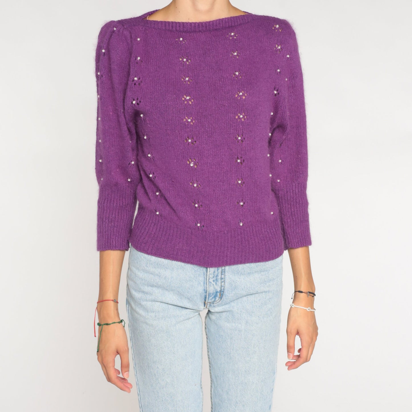 80s Purple Knit Sweater Puff Sleeve Pearl Beaded Cutout Silk Angora Small