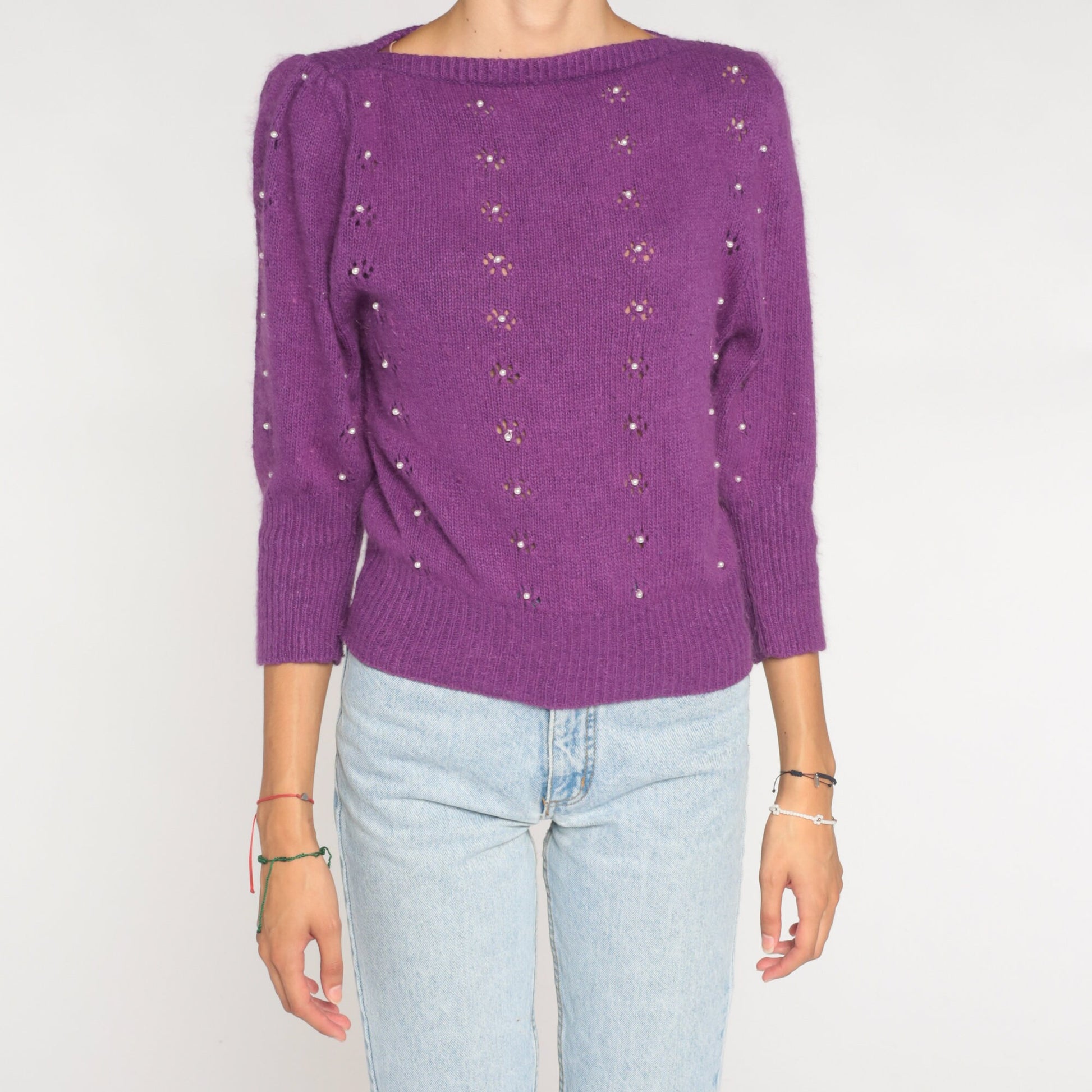 80s Purple Knit Sweater Puff Sleeve Pearl Beaded Cutout Silk Angora Small