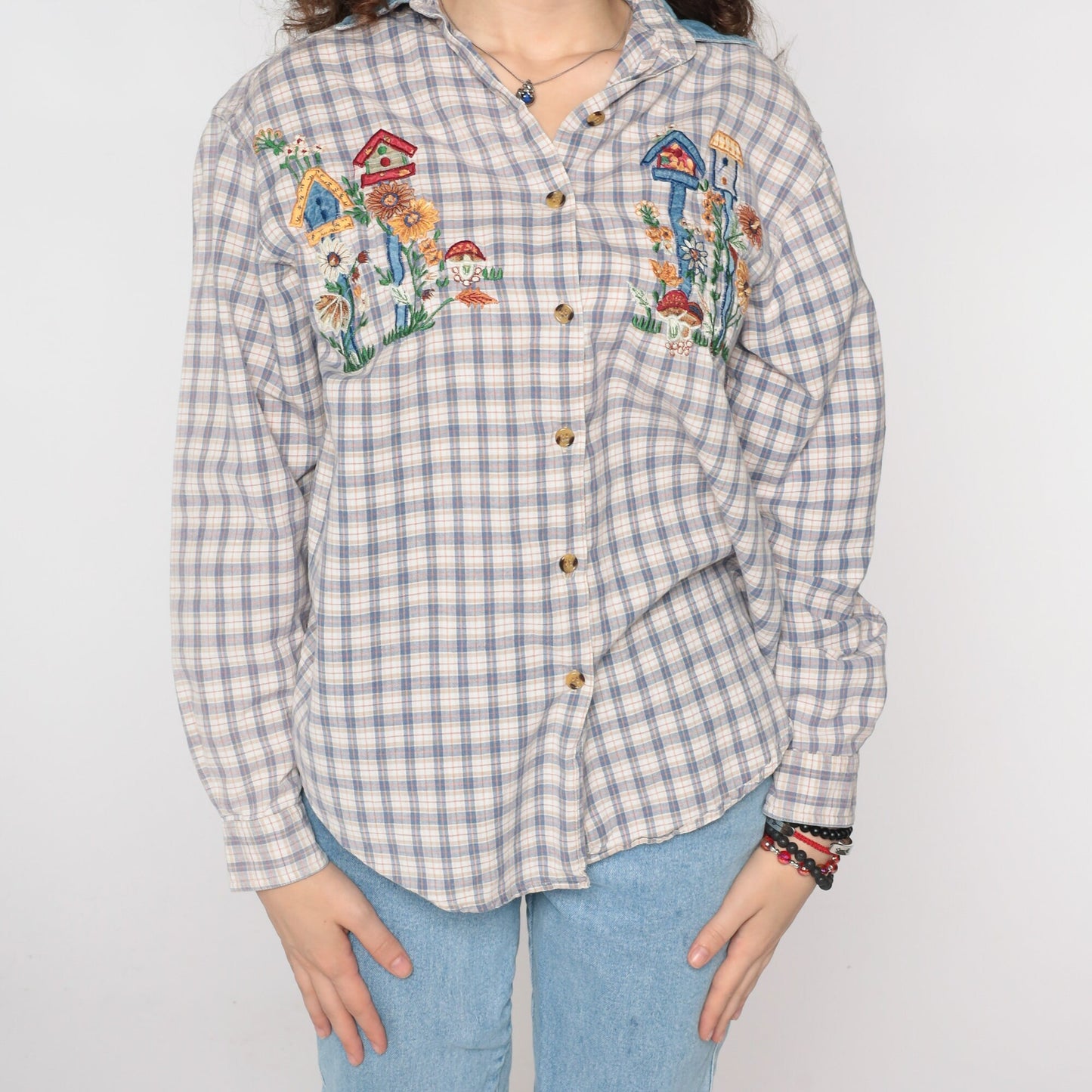 90s Plaid Floral Mushroom Embroidered Button Up Blouse Denim Collar Medium