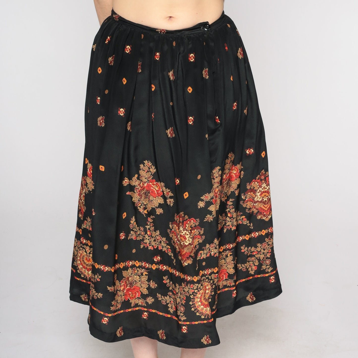 90s Black Silk Floral Midi Skirt High Waist Small 6