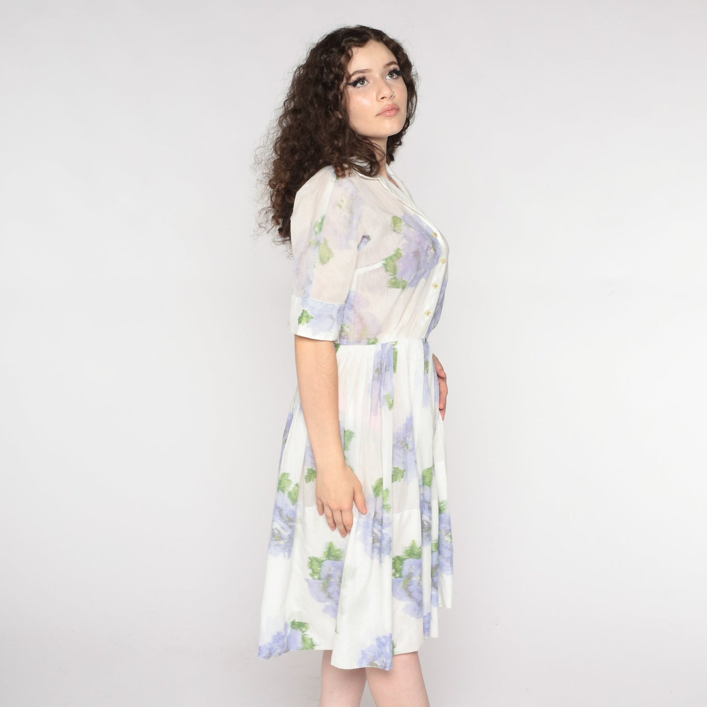 60s Floral Shirtwaist Dress White Lavender Button-Up Midi Small