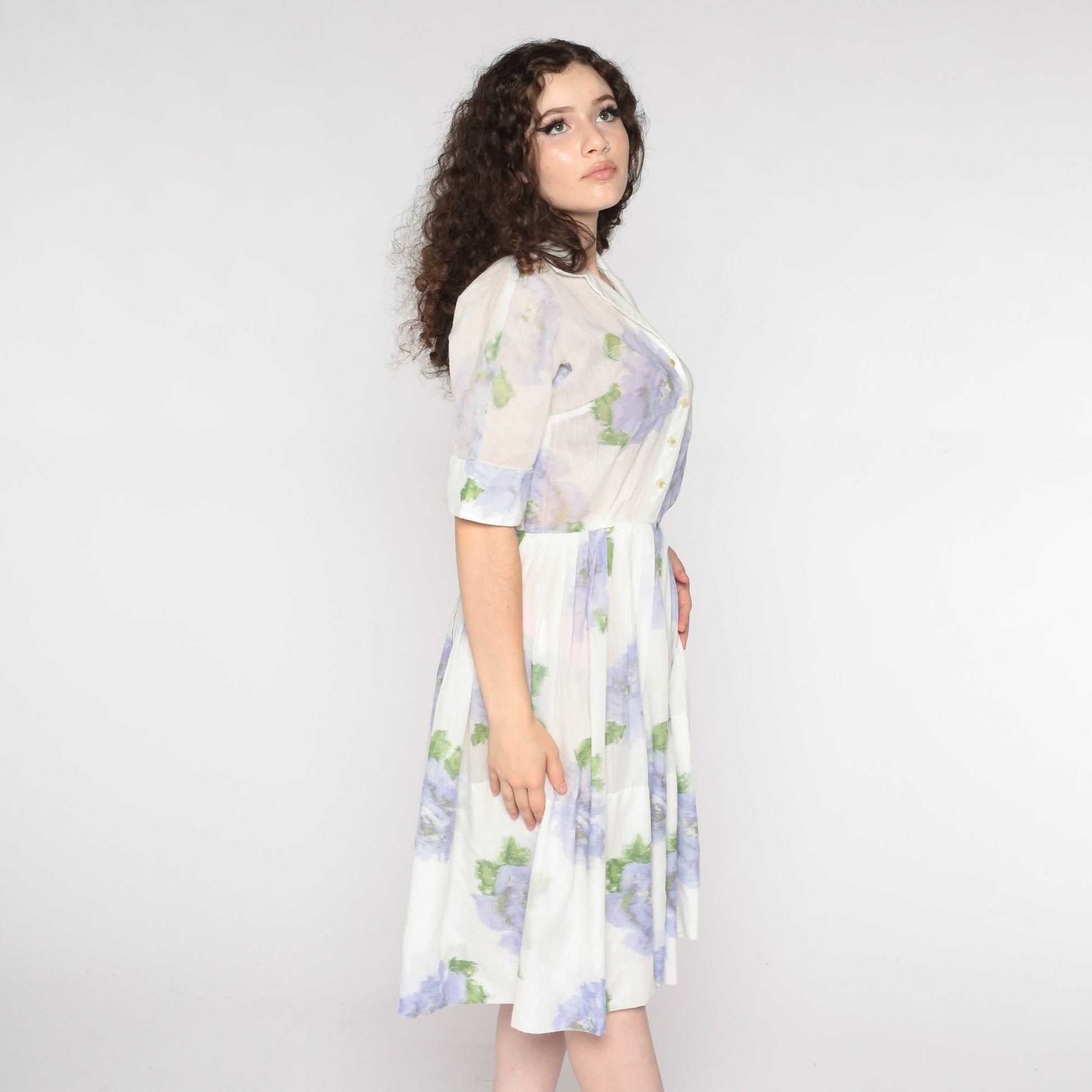 60s Floral Shirtwaist Dress White Lavender Button-Up Midi Small
