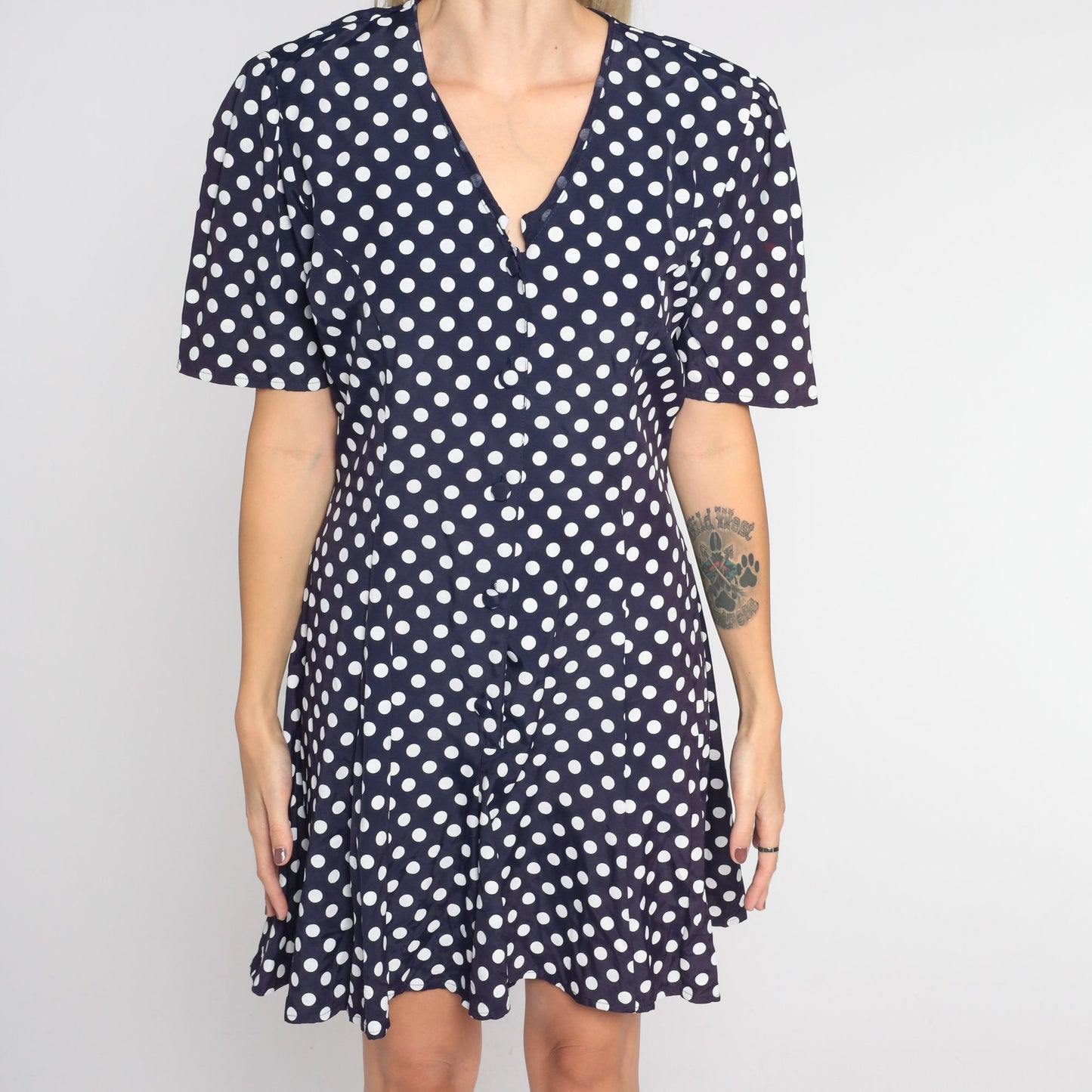90s Navy Polka Dot Romper White Print Button-Up Short Sleeve Wide Leg Medium M