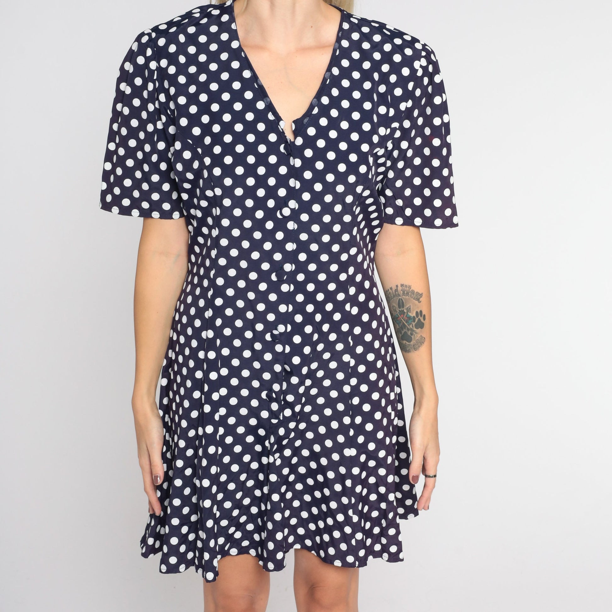 90s Navy Polka Dot Romper White Print Button-Up Short Sleeve Wide Leg Medium M