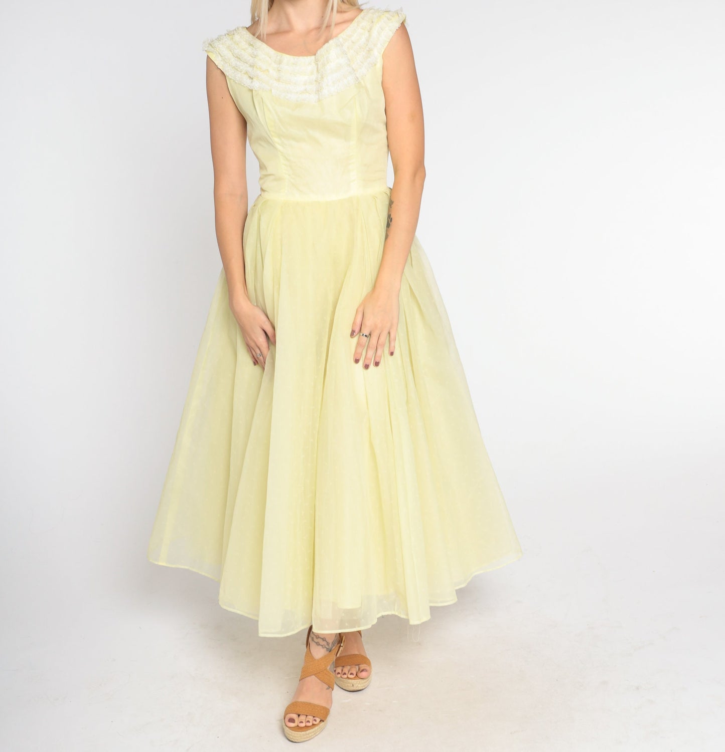 60s Yellow Chiffon Maxi Dress Lace Trim High Waist Full Skirt Extra Small