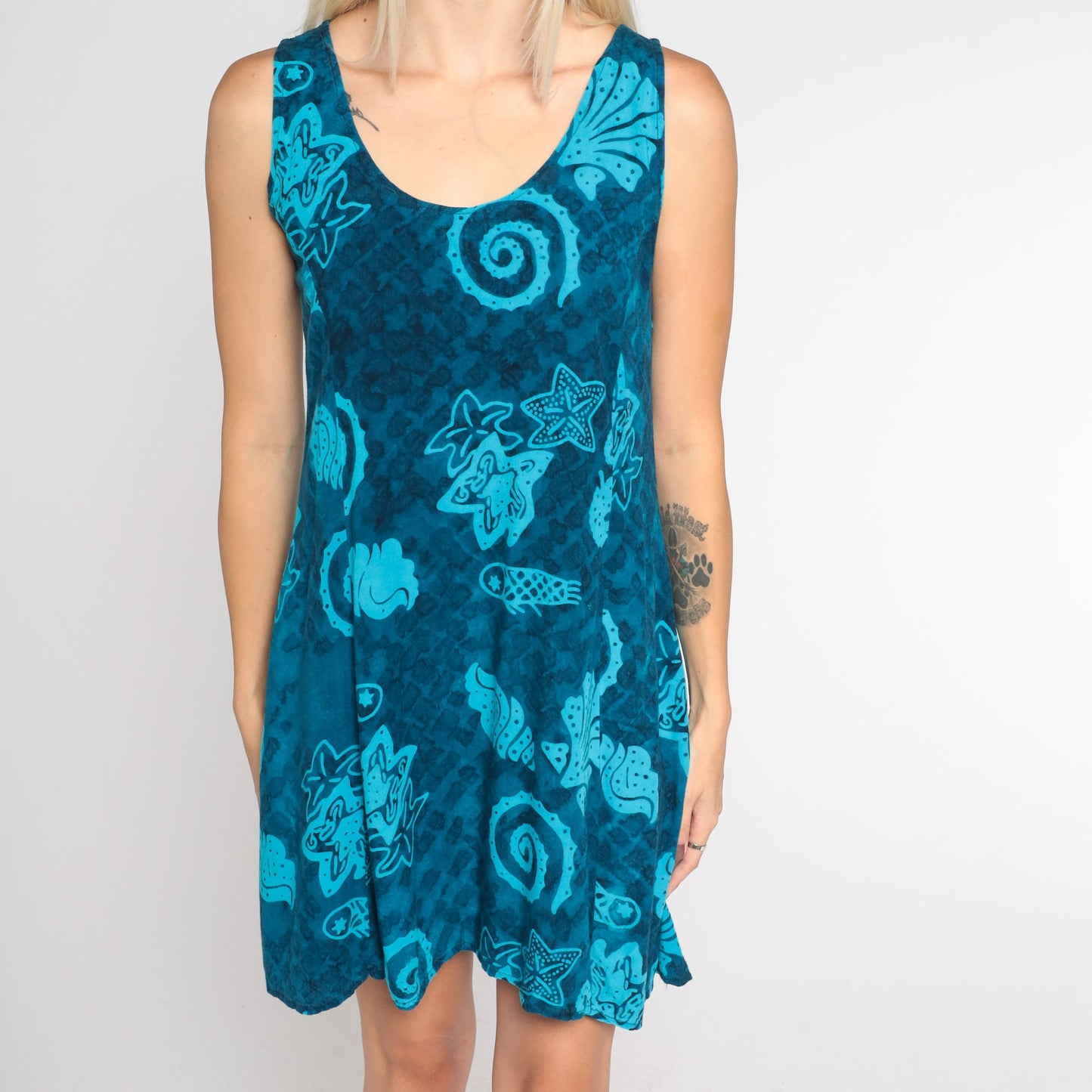 Y2K Blue Mini Tank Dress Fish Starfish Shell Seahorse Print Extra Small