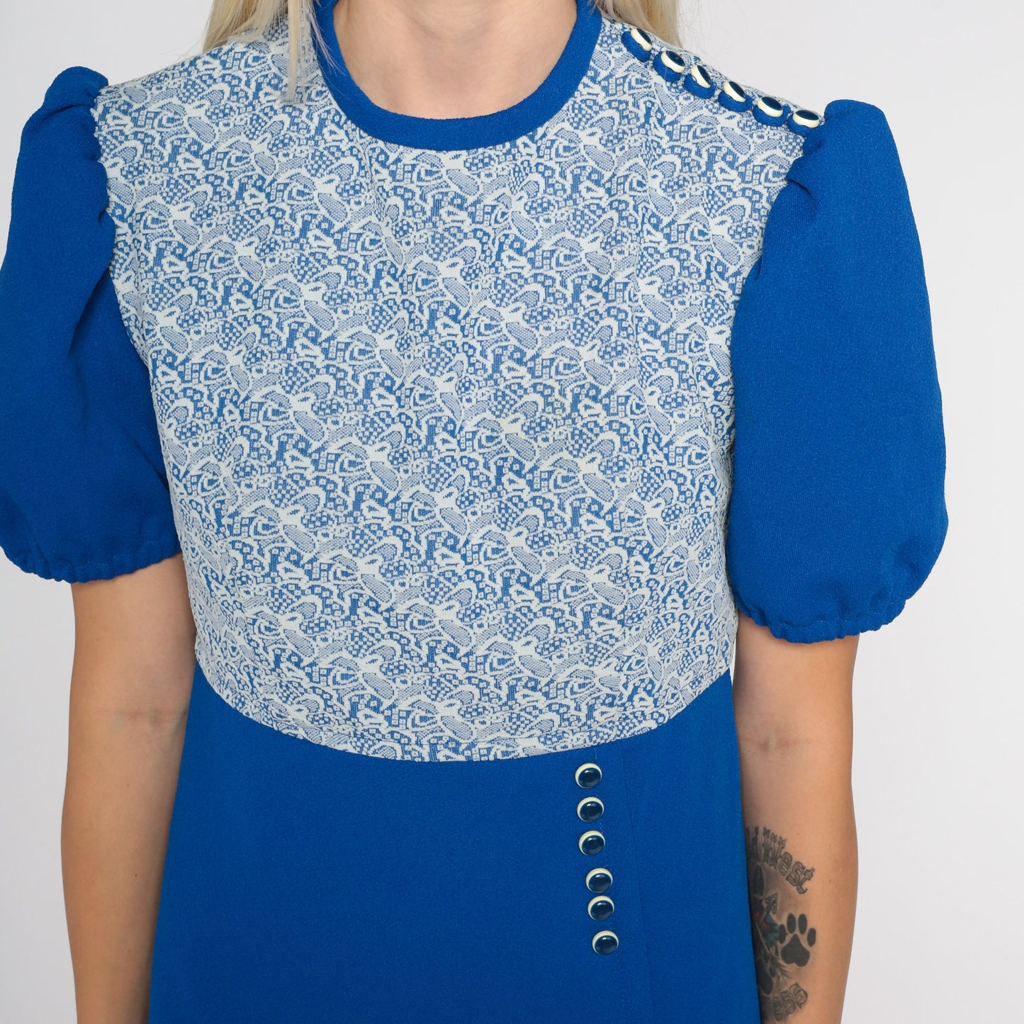 70s Blue Babydoll Dress Puff Sleeve Mini Lace Overlay High Waist Small