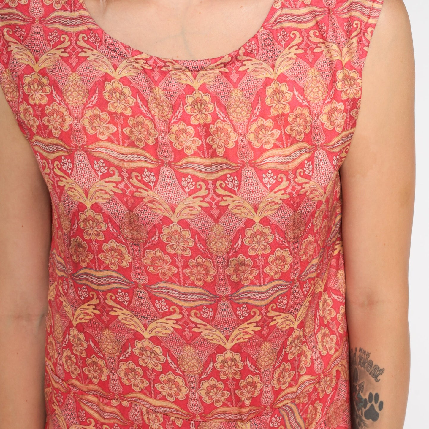 00s Red Gold Floral Maxi Dress Sleeveless High Waist Flared Skirt Medium