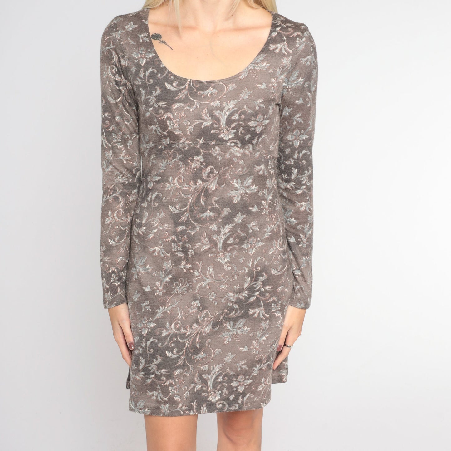 90s All That Jazz Grey Cloud Tie Dye Floral Mini Dress Long Sleeve Small