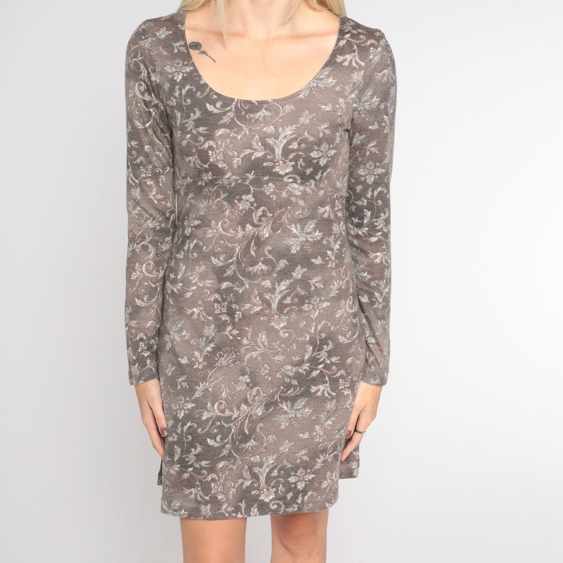 90s All That Jazz Grey Cloud Tie Dye Floral Mini Dress Long Sleeve Small