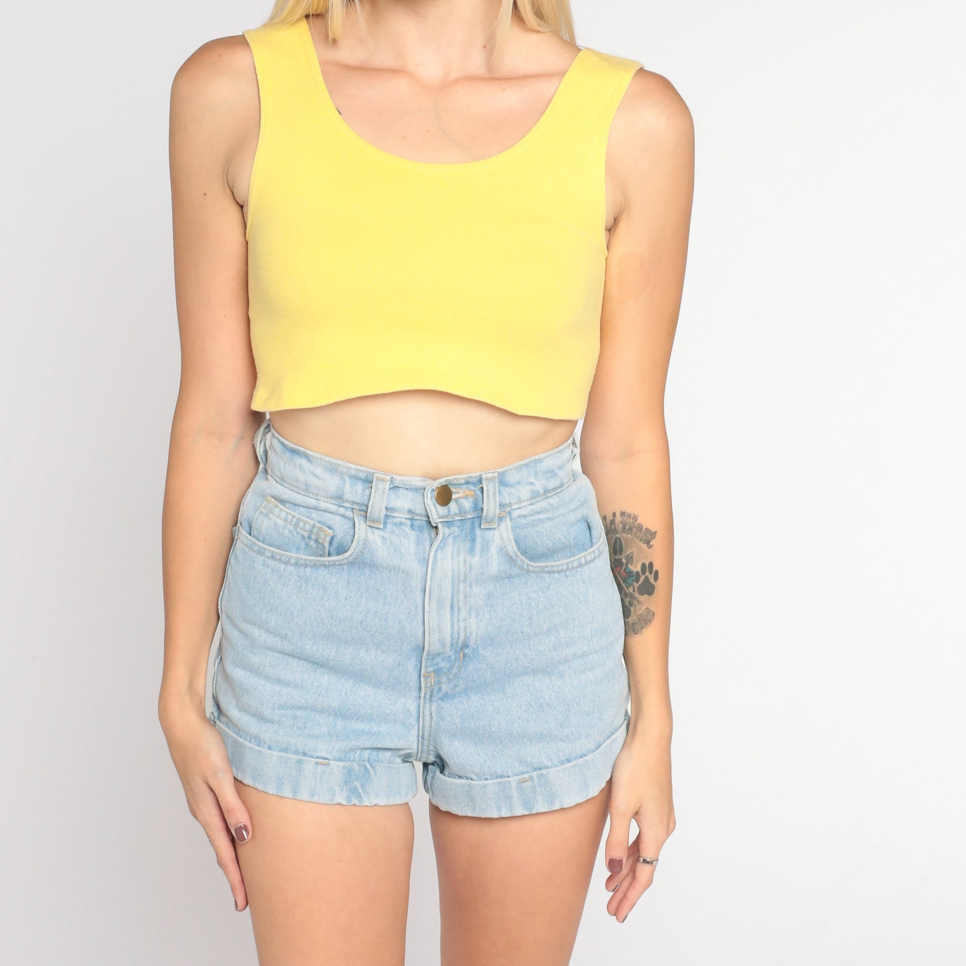 90s Yellow Ribbed Crop Tank Top Sleeveless Small