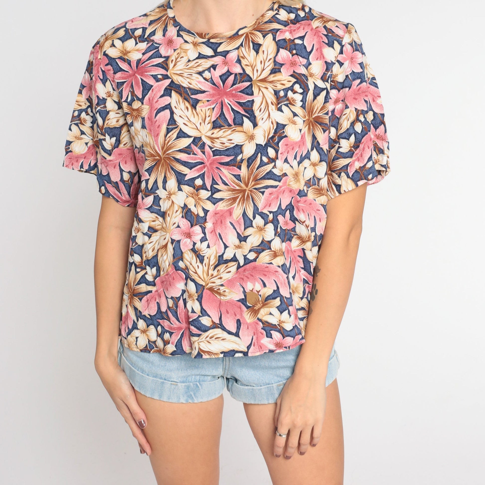 00s Tropical Floral Rayon Blouse Blue Flower Leaf Print Short Sleeve Medium
