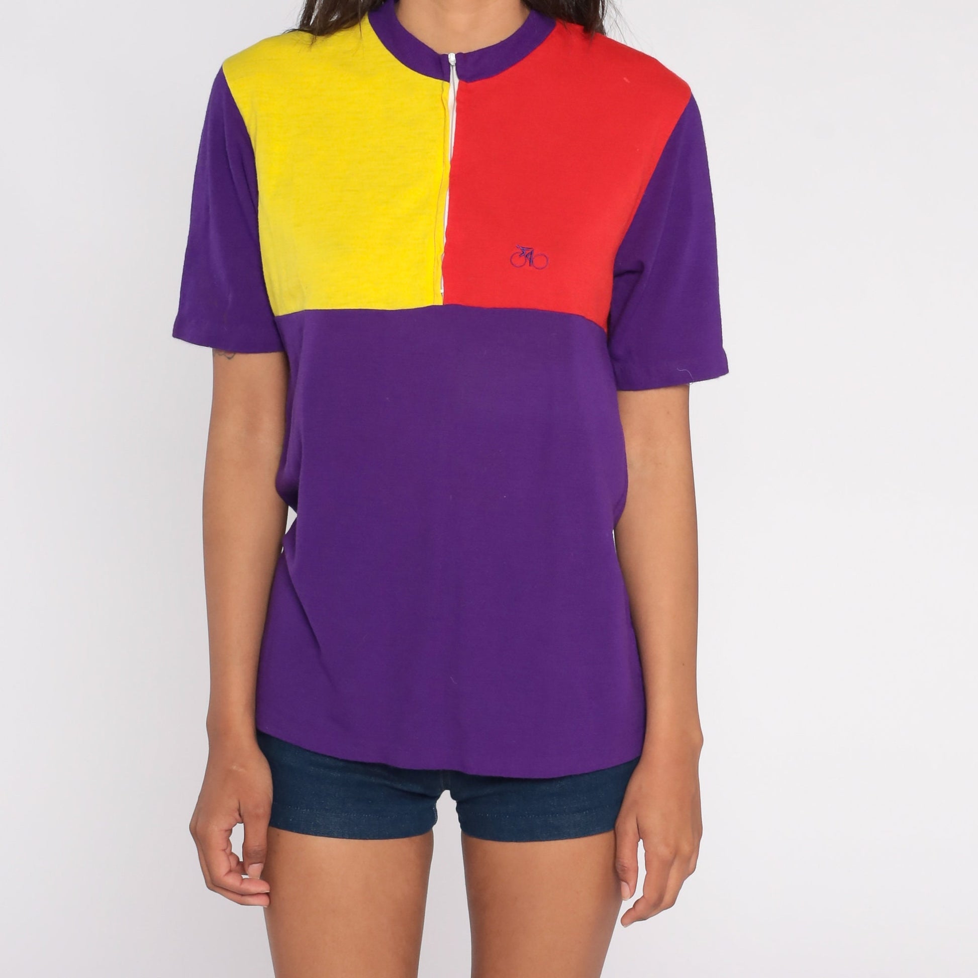 70s Cycle Mates Cycling Jersey Purple Red Yellow Color Block Quarter Zip Medium