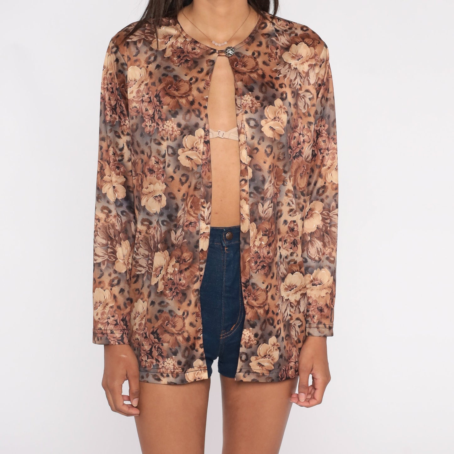80s Floral Leopard Print Long Sleeve Blouse Animal Print Shirt Large