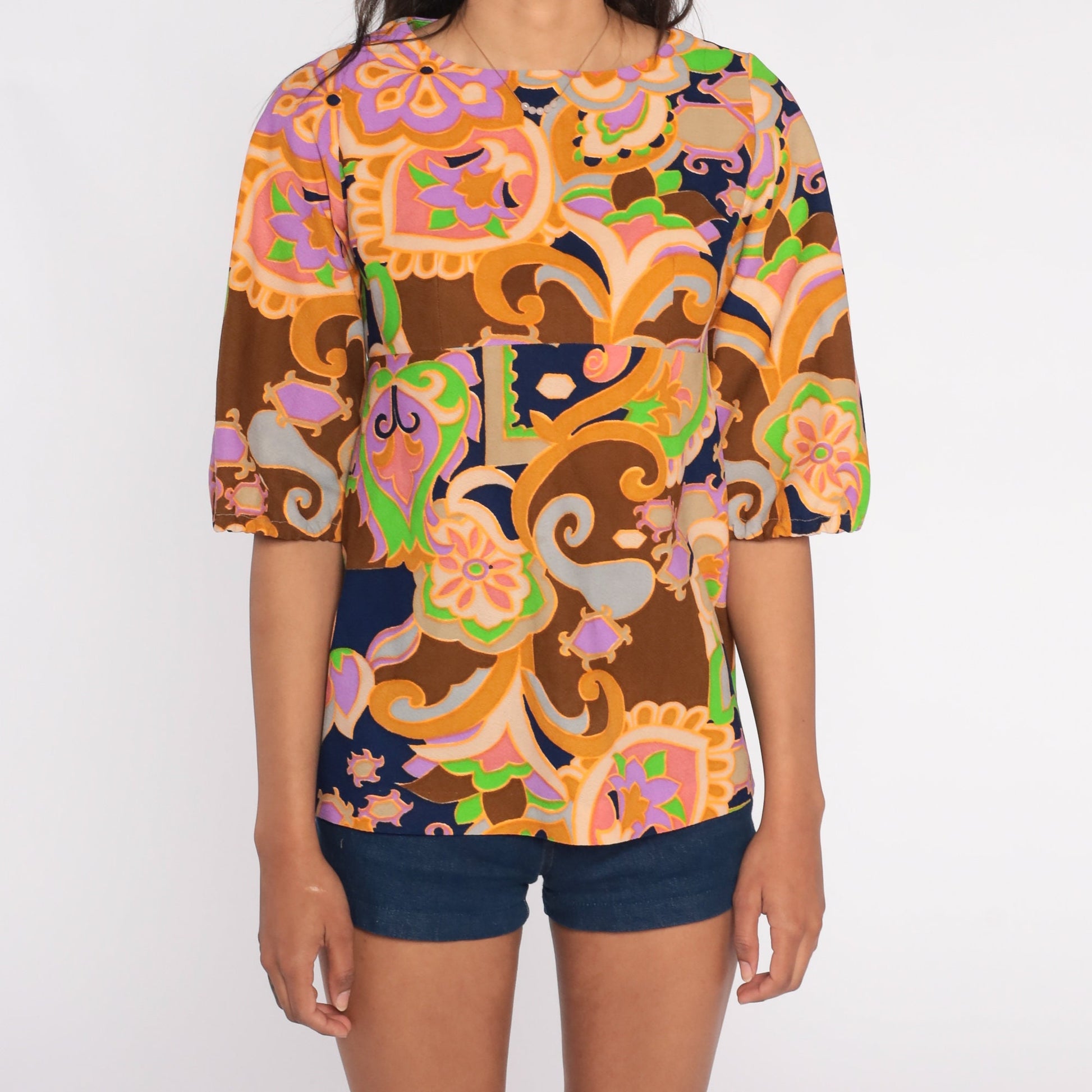 70s Floral Blouse Half-Sleeve Empire Waist Brown Psychedelic Shirt XS