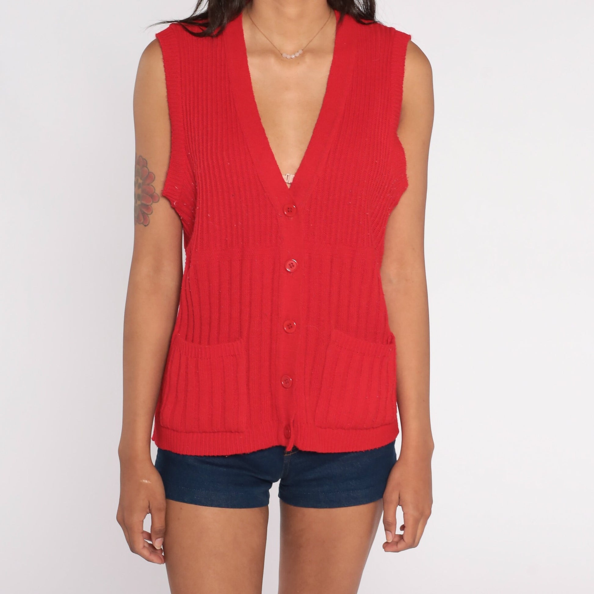 80s Red Ribbed Knit Sweater Vest Button-Up V-Neck Sleeveless Large L