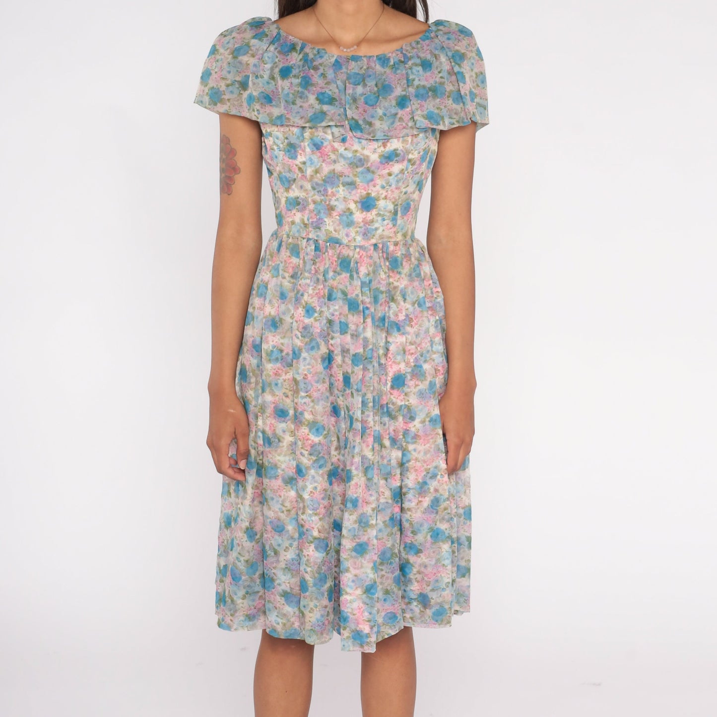 60s Floral Chiffon Midi Dress Ruffle Neckline High Waist Blue Pink Rose Small