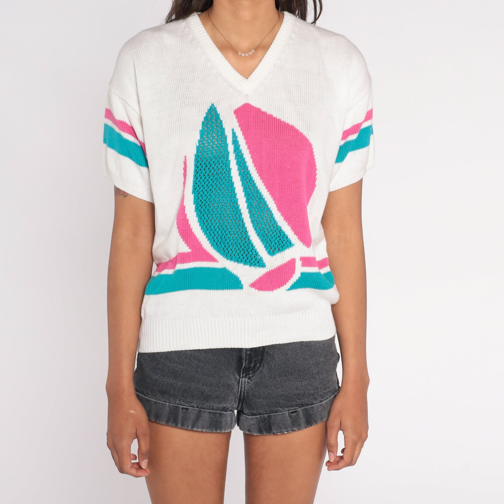 80s Sailboat Nautical Knit Sweater White Pink Blue Cutout Short Sleeve Small S