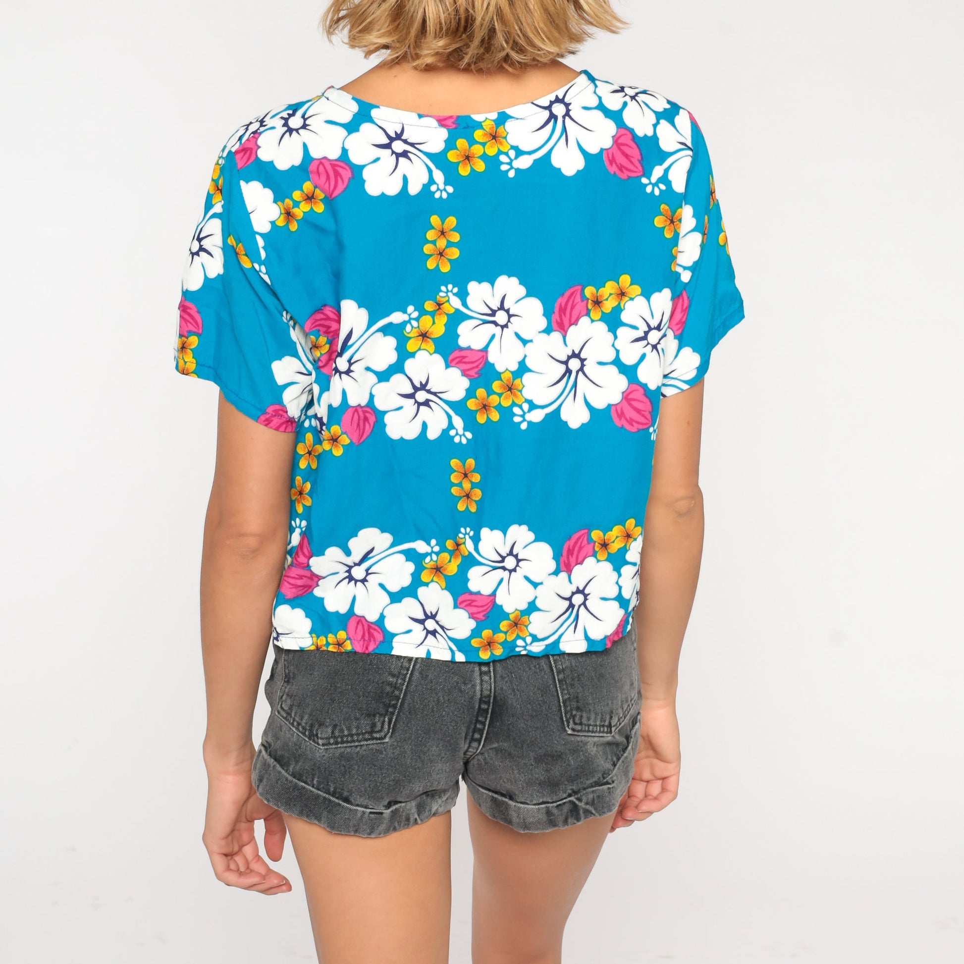 00s Tropical Floral Hibiscus T-Shirt Blue Hawaiian Print Tee Medium M