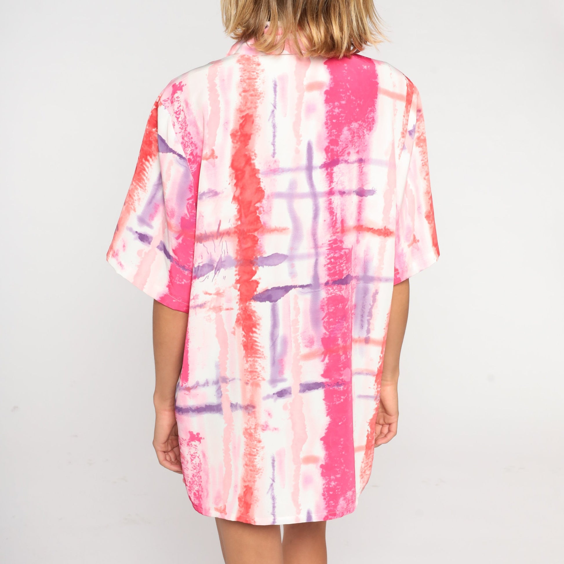 90s Abstract Brushstroke Button-Up Blouse Pink Purple Red Extra Large