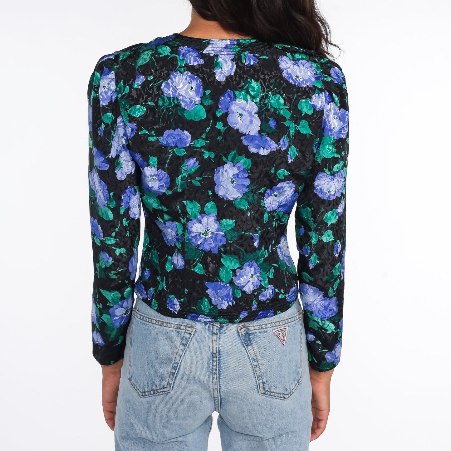 80s Floral Crop Top Puff Sleeve Button Up Blouse Black Extra Small